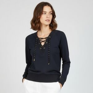 Bishop And Young Lace Up Criss Cross V-Neck Dark Navy Blue Top Size S